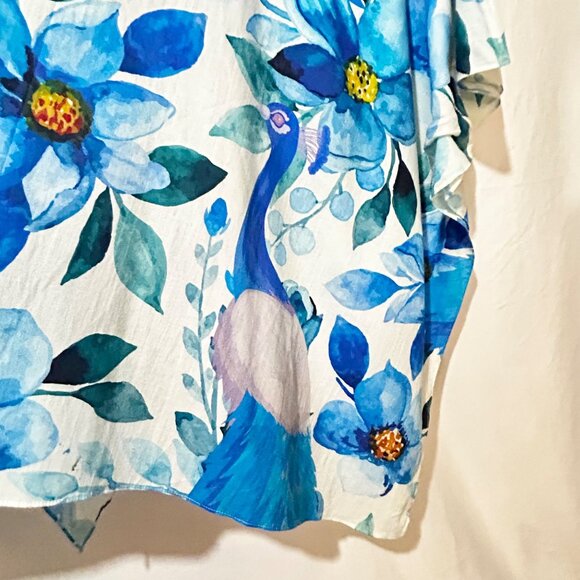 BEAUTIFUL Blue Peacock & Magnolia Print Kimono Wrap, One Size, 100% Cotton - Picture 3 of 9